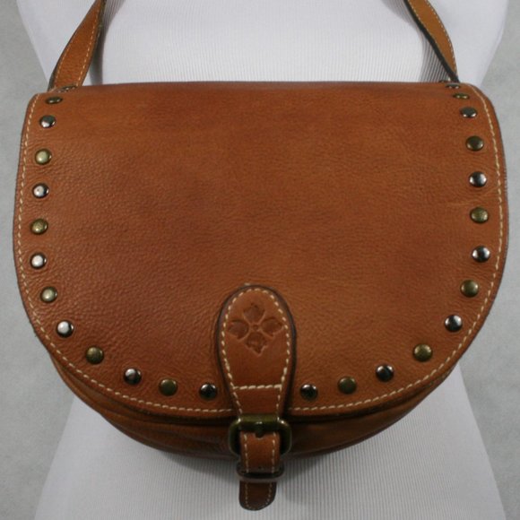 Patricia Nash Brown Italian Pebble Leather Crossbody Saddle Bag w/ Rivets VGC - Picture 2 of 14